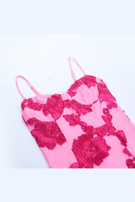 Hot Pink Jacquard Floral Fitted Short Dress