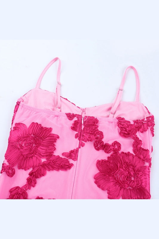 Hot Pink Jacquard Floral Fitted Short Dress