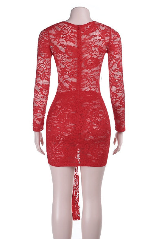 Sexy Red Sheer Lace Twist Tight Short Dress