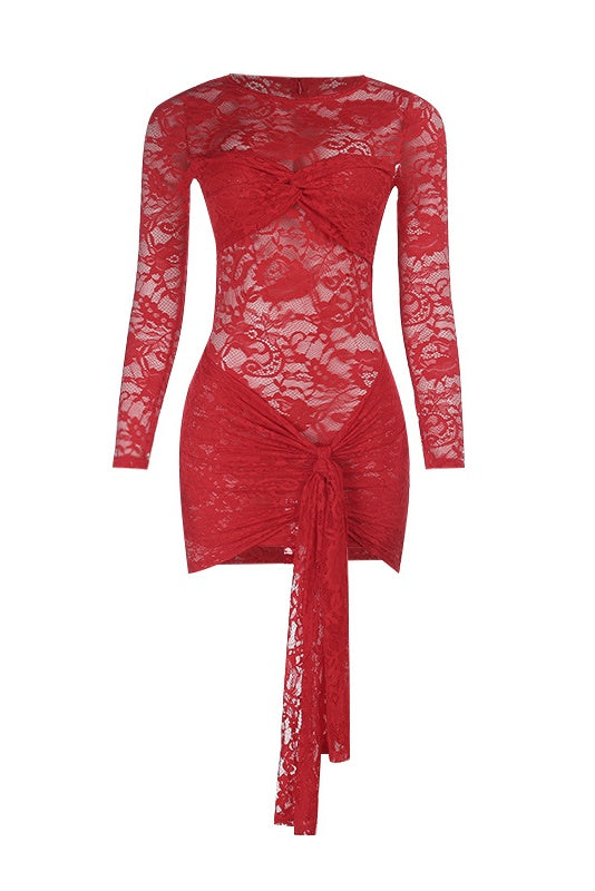 Sexy Red Sheer Lace Twist Tight Short Dress