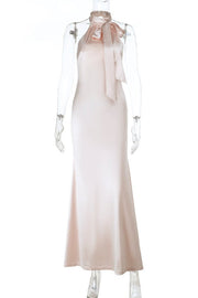 High Neck Apricot Halter Fitted Long Dress