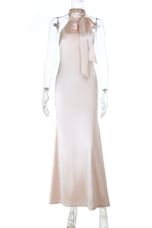 High Neck Apricot Halter Fitted Long Dress