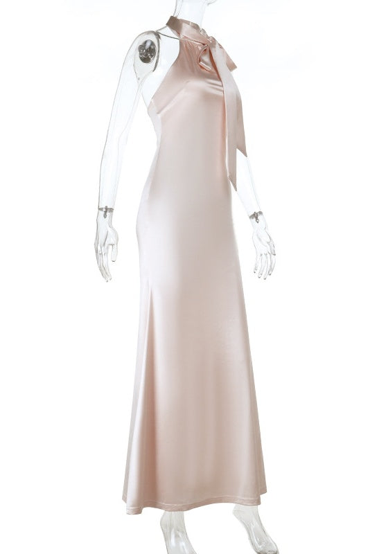 High Neck Apricot Halter Fitted Long Dress