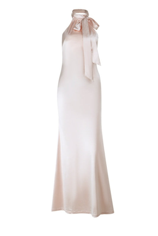 High Neck Apricot Halter Fitted Long Dress