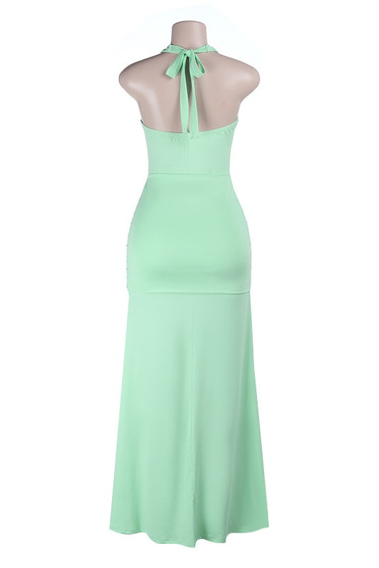 Mint Green Halter Ruched Long Dress