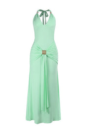 Mint Green Halter Ruched Long Dress