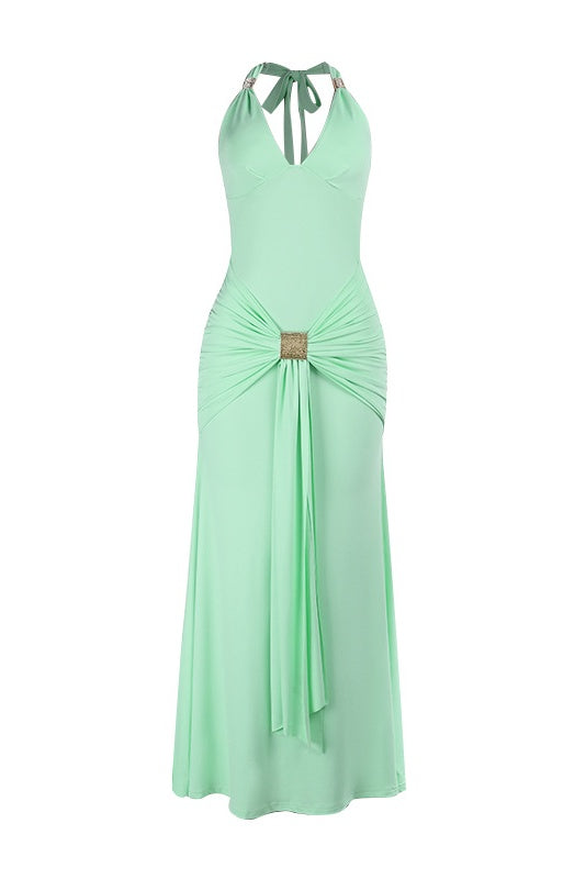 Mint Green Halter Ruched Long Dress