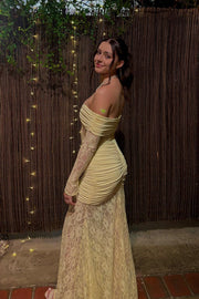 Yellow Lace Off the Shoulder Long Sleeves Dress