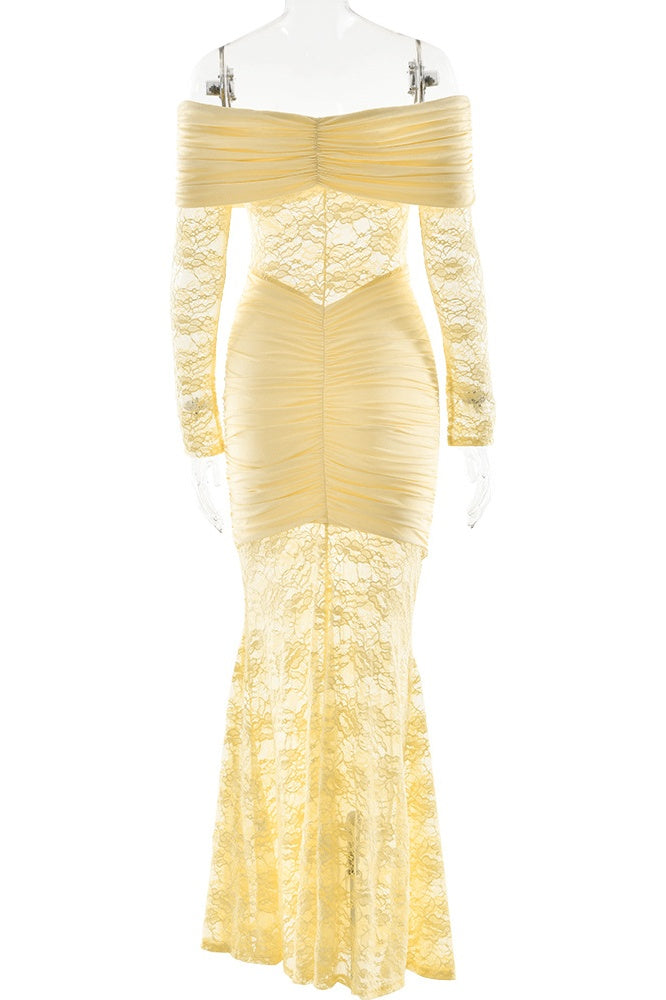 Yellow Lace Off the Shoulder Long Sleeves Dress