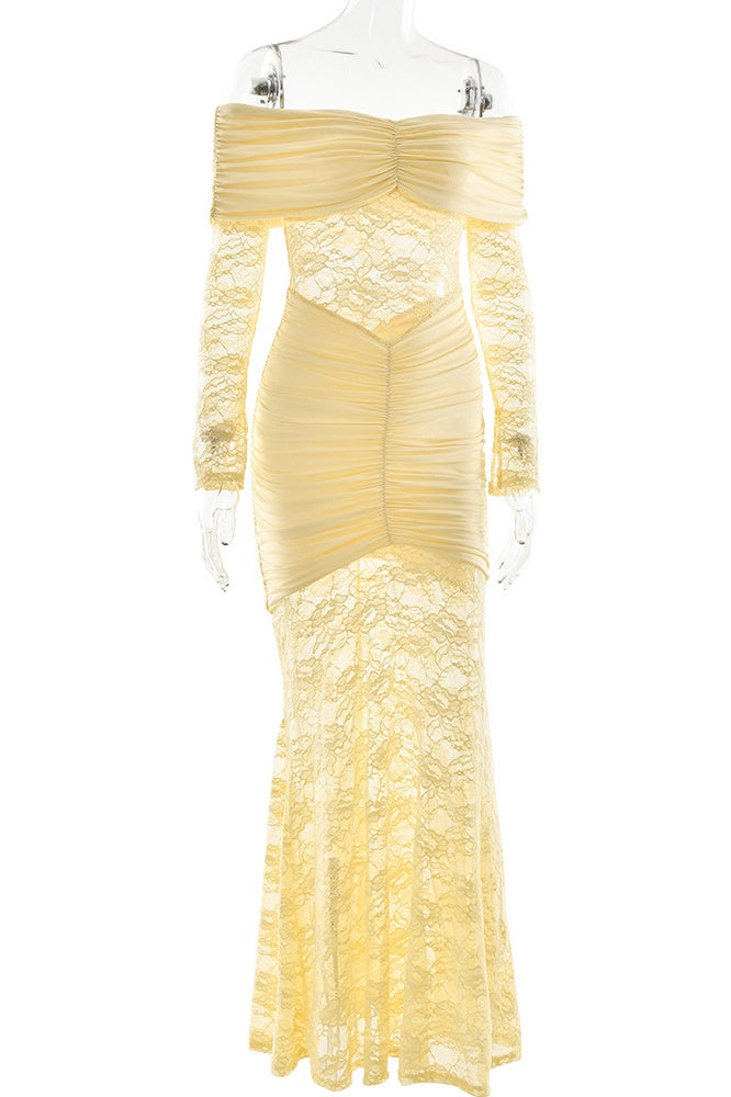 Yellow Lace Off the Shoulder Long Sleeves Dress