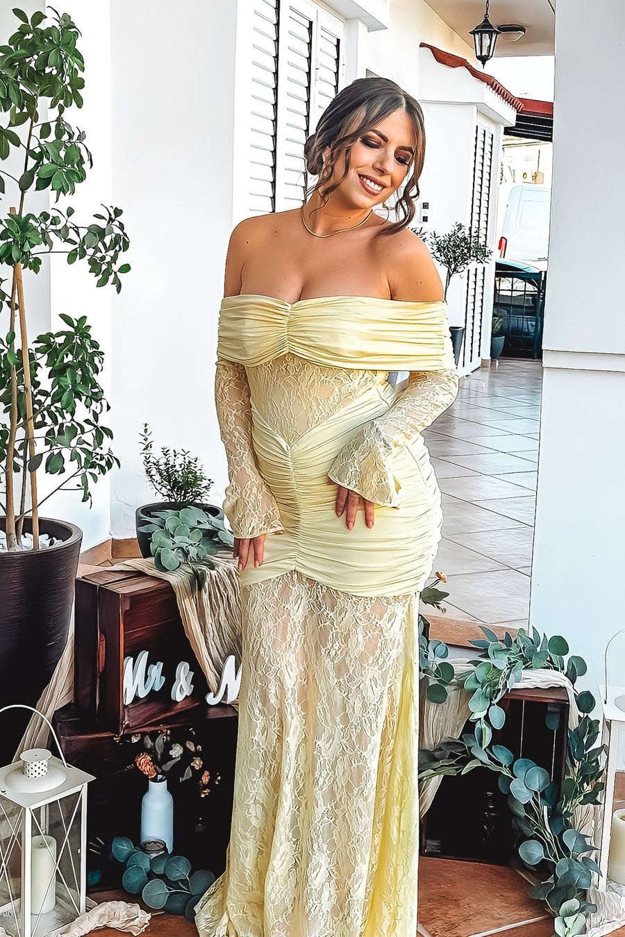 Yellow Lace Off the Shoulder Long Sleeves Dress