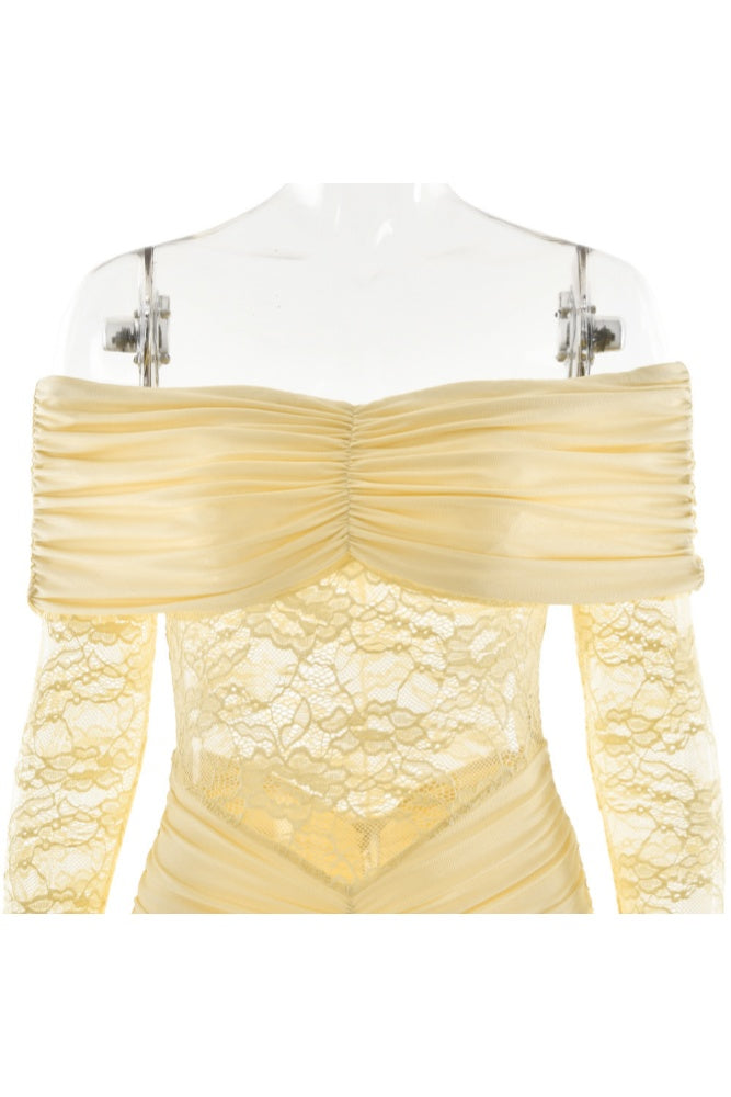 Yellow Lace Off the Shoulder Long Sleeves Dress