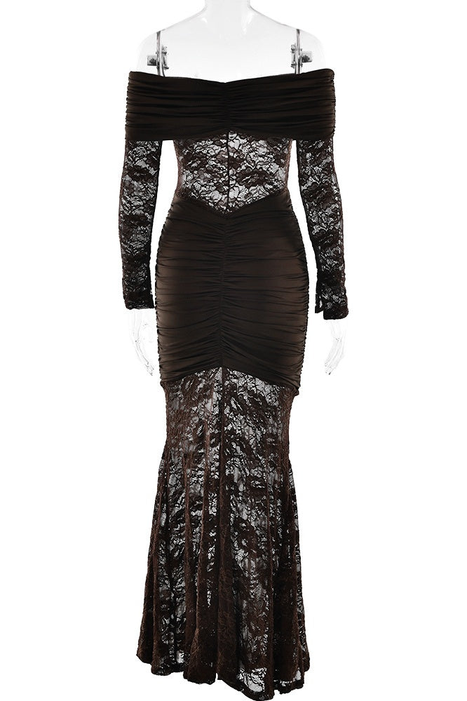 Yellow Lace Off the Shoulder Long Sleeves Dress