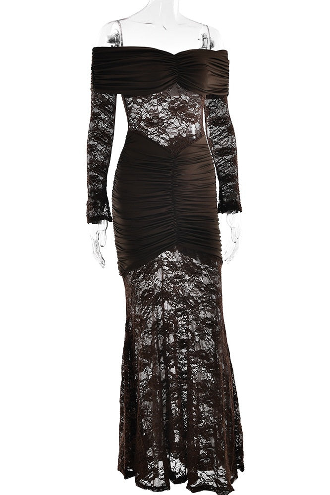 Yellow Lace Off the Shoulder Long Sleeves Dress