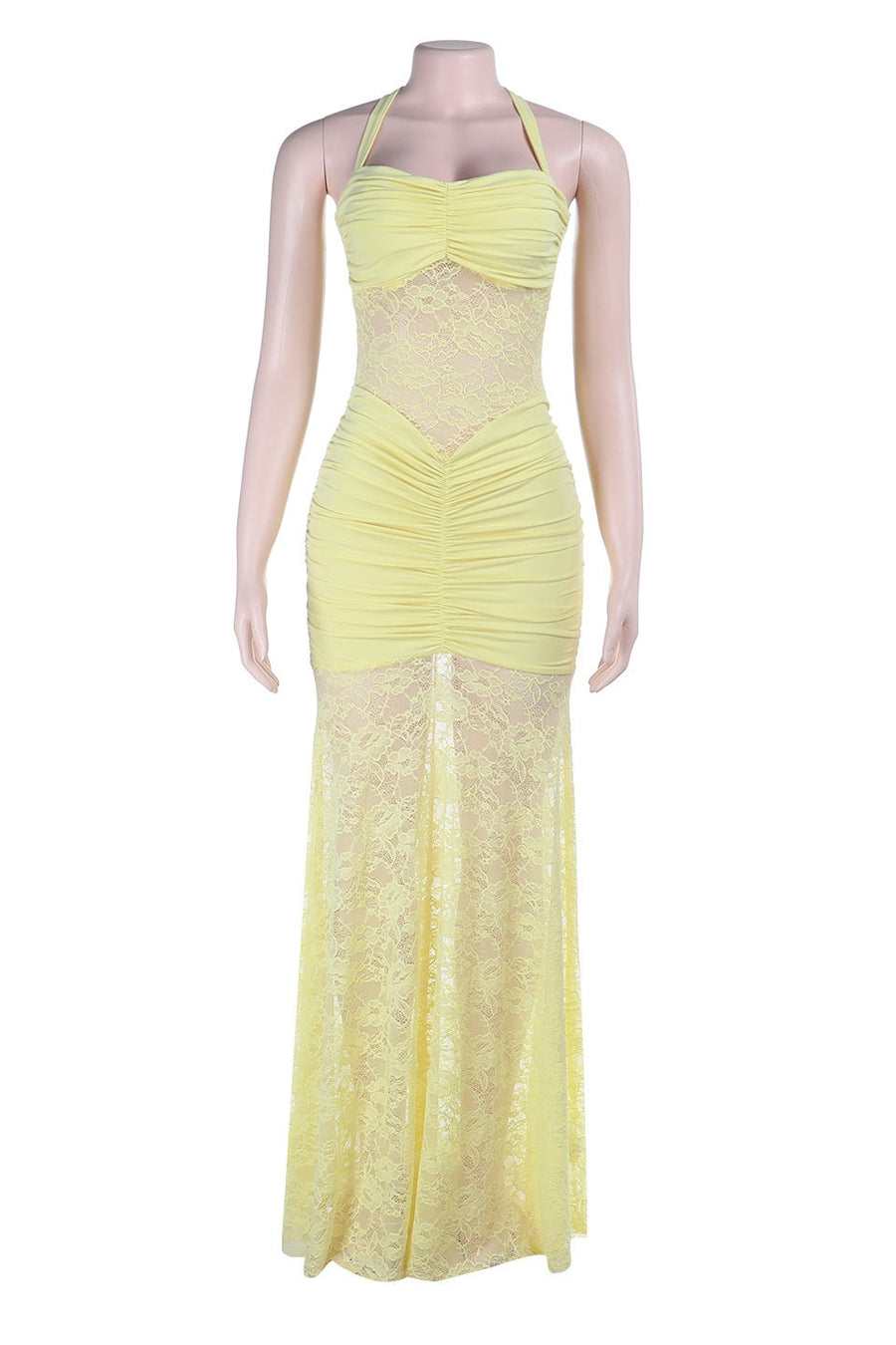 Halter Yellow Lace Sheer Fitted Long Dress