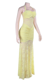Halter Yellow Lace Sheer Fitted Long Dress