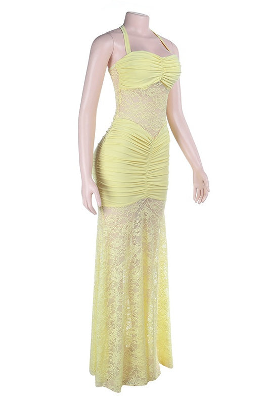 Halter Yellow Lace Sheer Fitted Long Dress