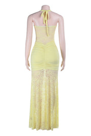 Halter Yellow Lace Sheer Fitted Long Dress