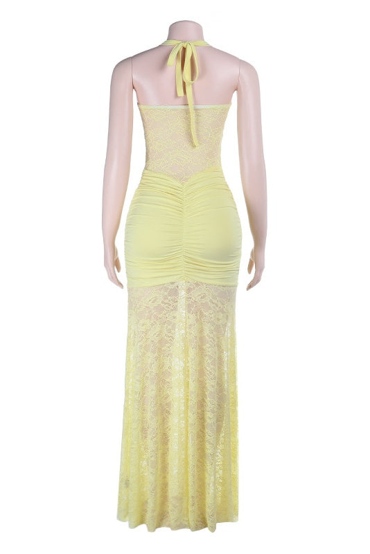 Halter Yellow Lace Sheer Fitted Long Dress
