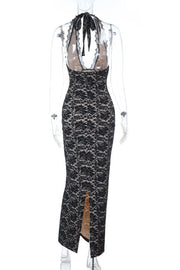 Halter Black Lace Fitted Long Dress
