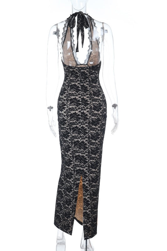 Halter Black Lace Fitted Long Dress