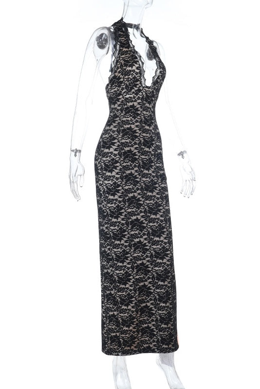 Halter Black Lace Fitted Long Dress