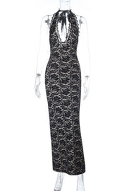 Halter Black Lace Fitted Long Dress