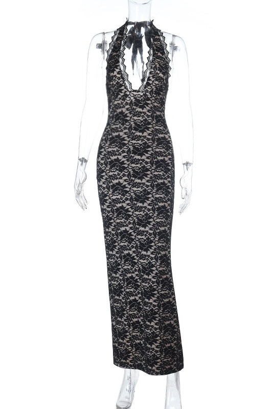 Halter Black Lace Fitted Long Dress