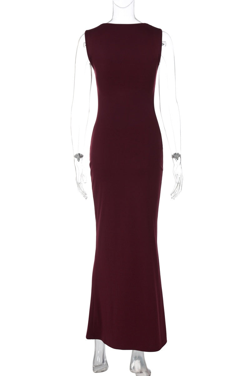 Burgundy Cap Sleeves Fittted Long Dress