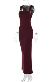 Burgundy Cap Sleeves Fittted Long Dress