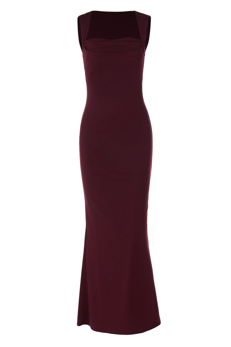 Burgundy Cap Sleeves Fittted Long Dress