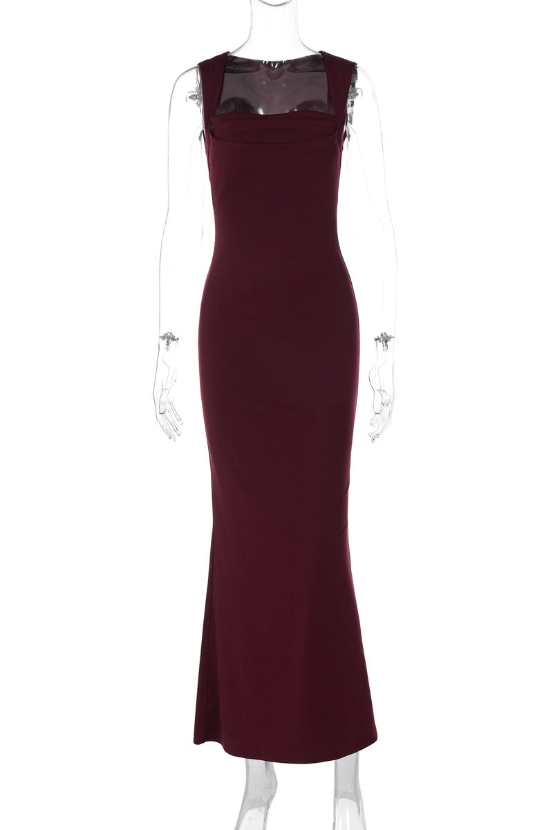 Burgundy Cap Sleeves Fittted Long Dress