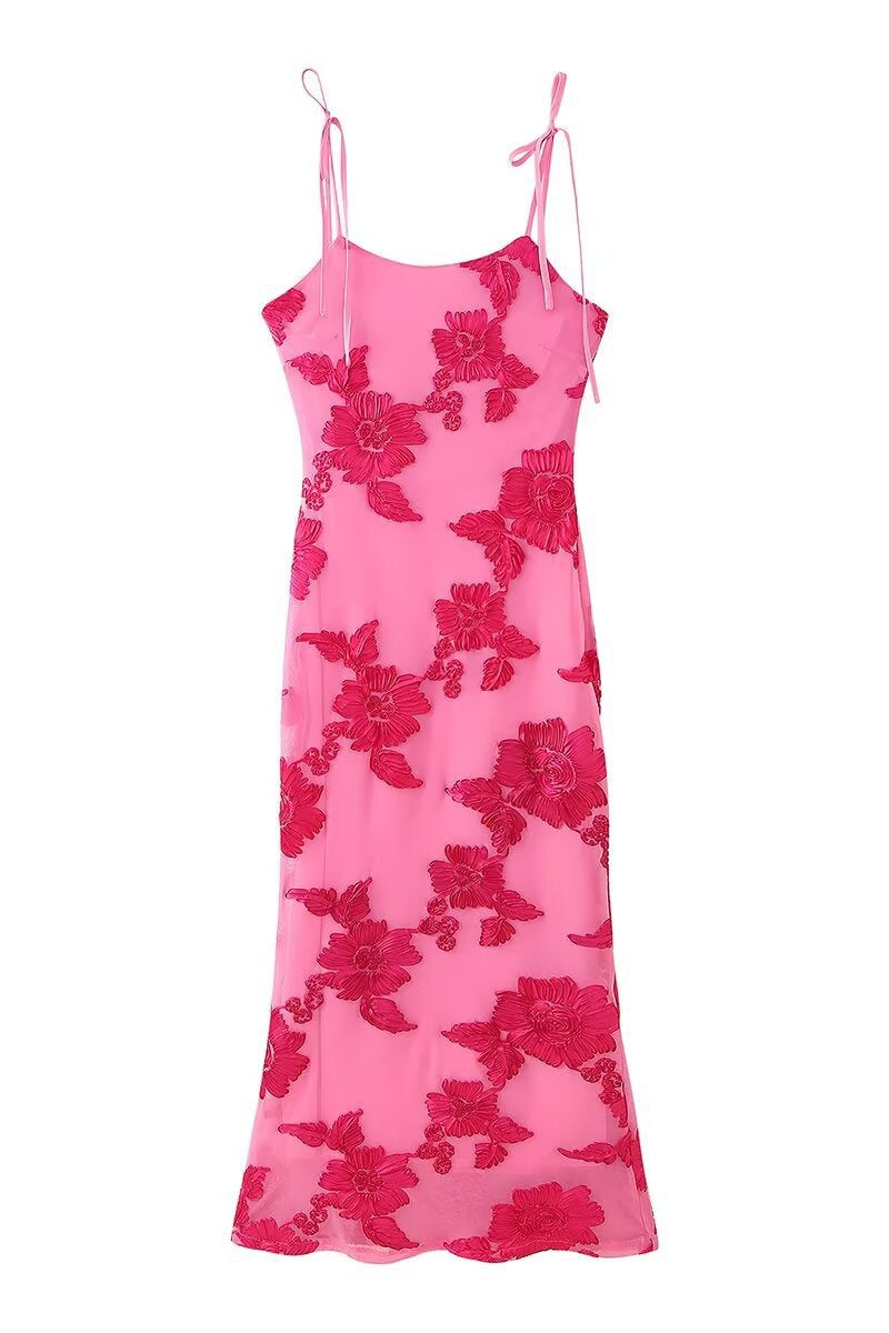 Straps Hot Pink Floral Fitted Long Dress