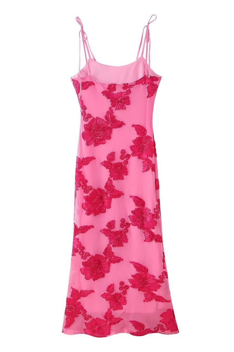 Straps Hot Pink Floral Fitted Long Dress