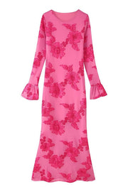 Flare Long Sleeves Hot Pink Floral Long Dress