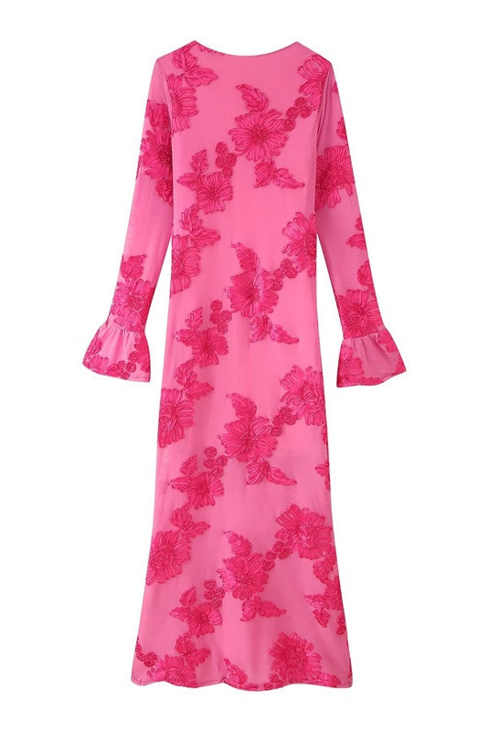 Flare Long Sleeves Hot Pink Floral Long Dress