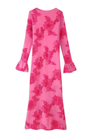 Flare Long Sleeves Hot Pink Floral Long Dress