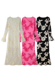 Flare Long Sleeves Hot Pink Floral Long Dress