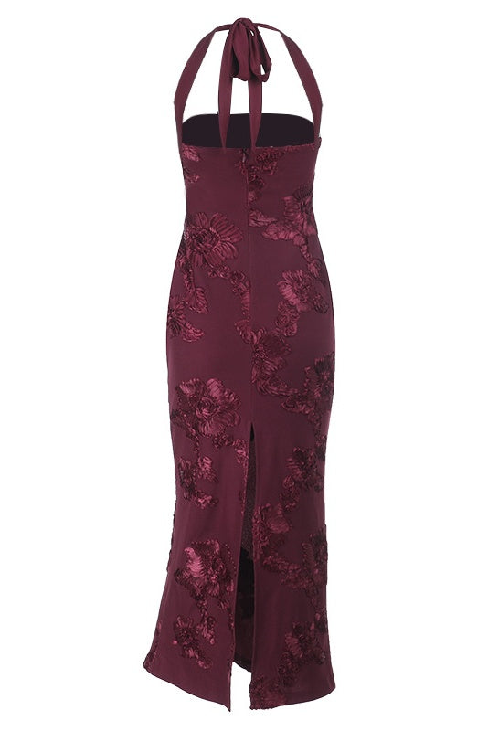 Burgundy Floral Halter Fitted Long Dress