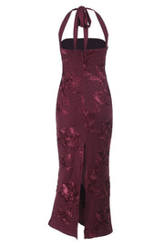 Burgundy Floral Halter Fitted Long Dress