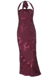 Burgundy Floral Halter Fitted Long Dress
