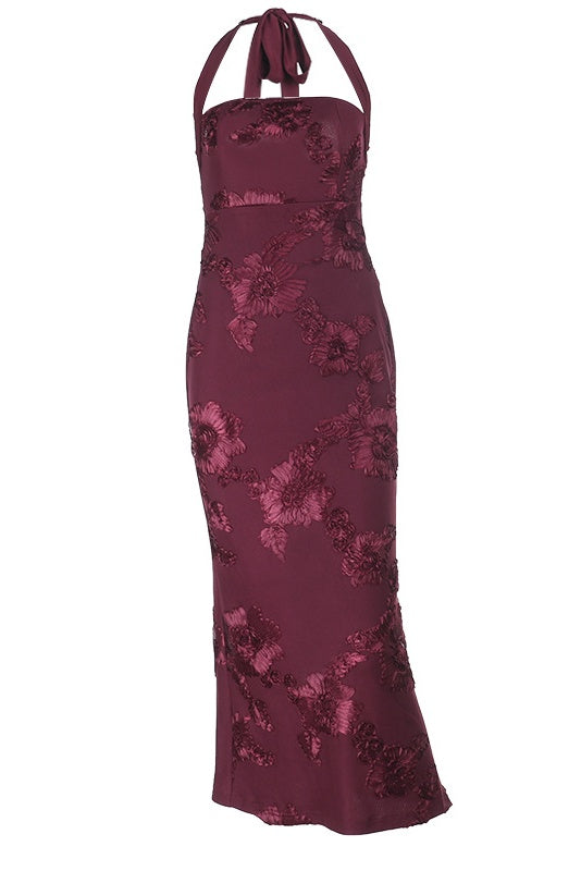 Burgundy Floral Halter Fitted Long Dress