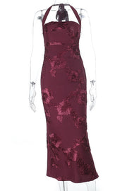 Burgundy Floral Halter Fitted Long Dress