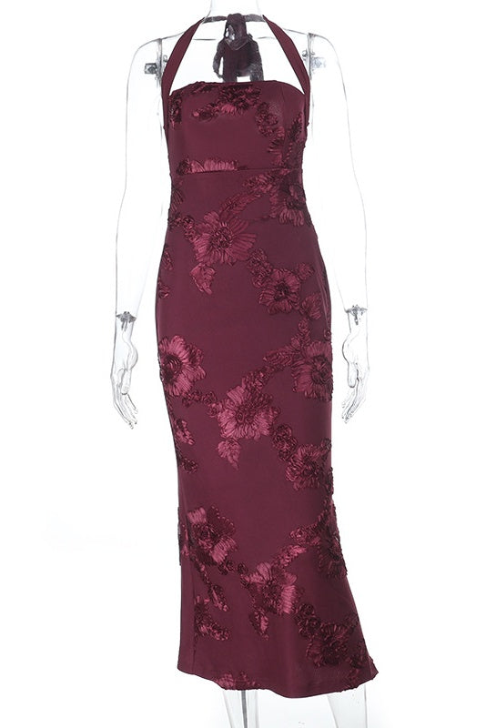 Burgundy Floral Halter Fitted Long Dress