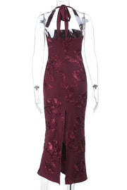 Burgundy Floral Halter Fitted Long Dress