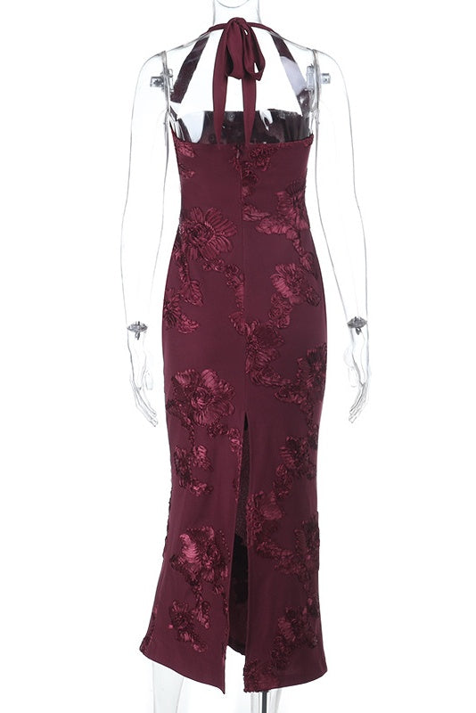 Burgundy Floral Halter Fitted Long Dress