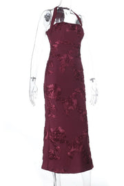 Burgundy Floral Halter Fitted Long Dress