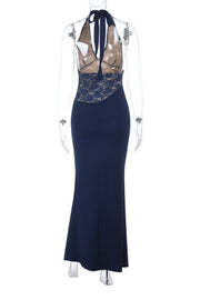 Navy Blue Halter Lace Fitted Long Dress