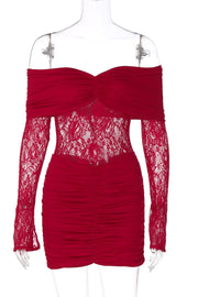 Red Lace Long Sleeves Ruched Tight Dress