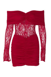 Red Lace Long Sleeves Ruched Tight Dress